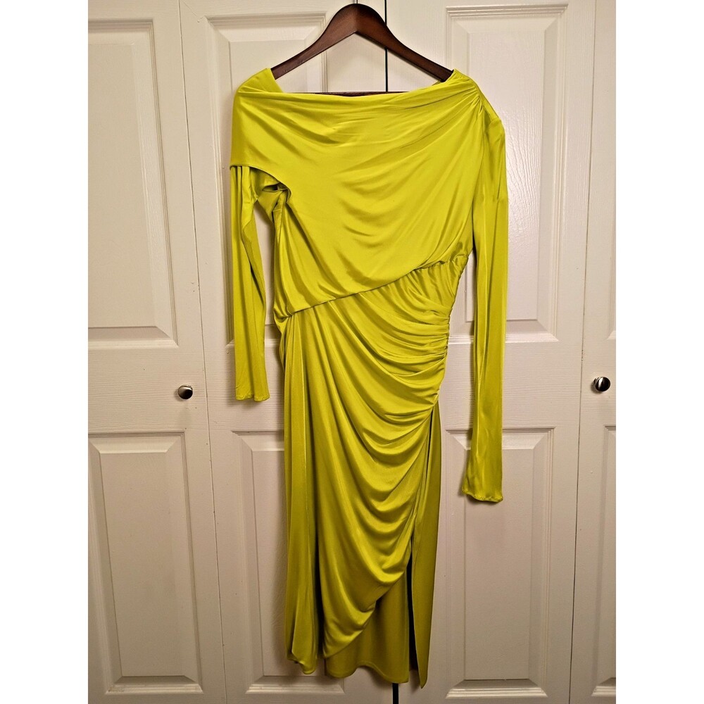 Versace Chartreuse Off Shoulder Ruched Dress IT 44 US 8 Made in Italy 2019